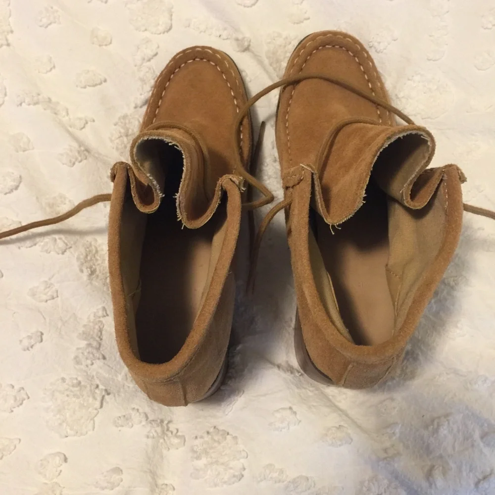 Lace Up Vintage Suede Leather Chukka Brown Carmel Tan Block Heel Ankle Boots 8